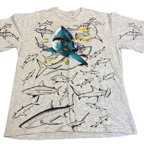 Shark AOP All Over Print Single Stitch T-shirt Large - Double Sided - Grey - Picture 1 of 7